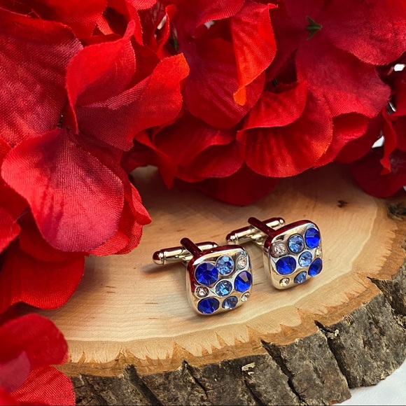 Blue Crystal Square Silver Cufflinks - Picture 7 of 13